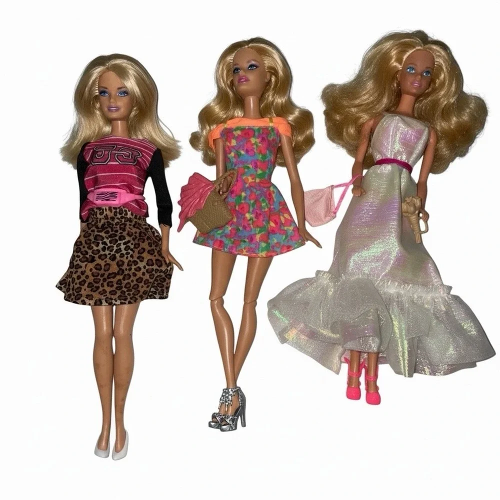 3 Mattel Blonde Barbie  Dolls Set Fully Dressed Mix-with Shoes And Accessories!!